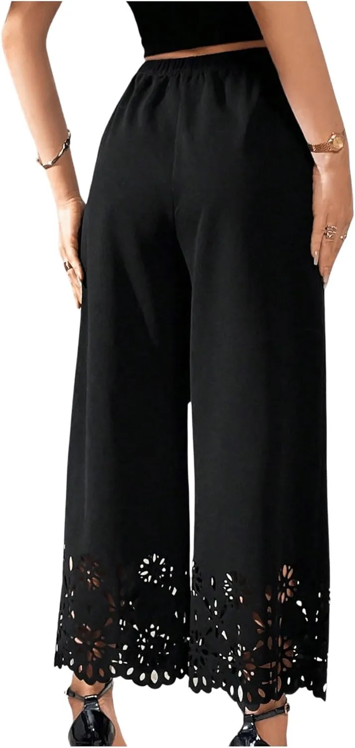 OYOANGLE Women's Wide Leg Pants Cut Out Scallop Trim High Elastic Waisted Pants Casual Office Long Pants