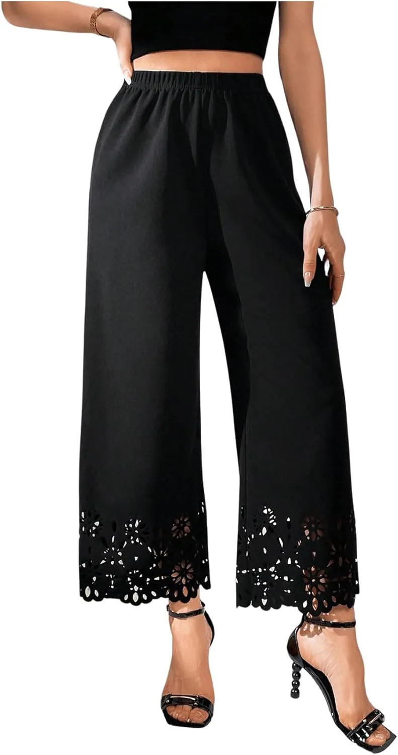 OYOANGLE Women's Wide Leg Pants Cut Out Scallop Trim High Elastic Waisted Pants Casual Office Long Pants