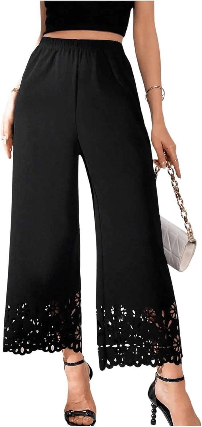 OYOANGLE Women's Wide Leg Pants Cut Out Scallop Trim High Elastic Waisted Pants Casual Office Long Pants