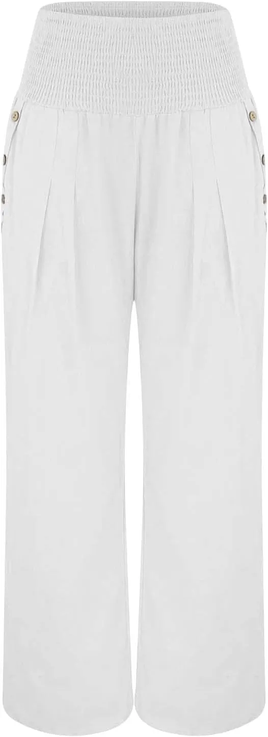 Palazzo Linen Pants Women 2024 High Waisted Wide Leg Boho Trousers Casual Drawstring Loose Workout Pants with Pockets
