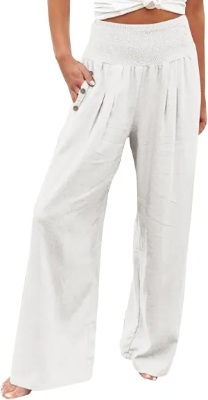 Palazzo Linen Pants Women 2024 High Waisted Wide Leg Boho Trousers Casual Drawstring Loose Workout Pants with Pockets