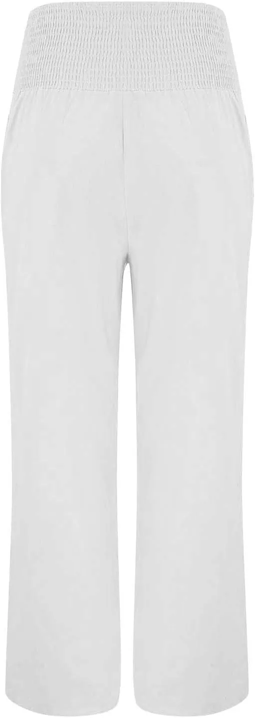 Palazzo Linen Pants Women 2024 High Waisted Wide Leg Boho Trousers Casual Drawstring Loose Workout Pants with Pockets