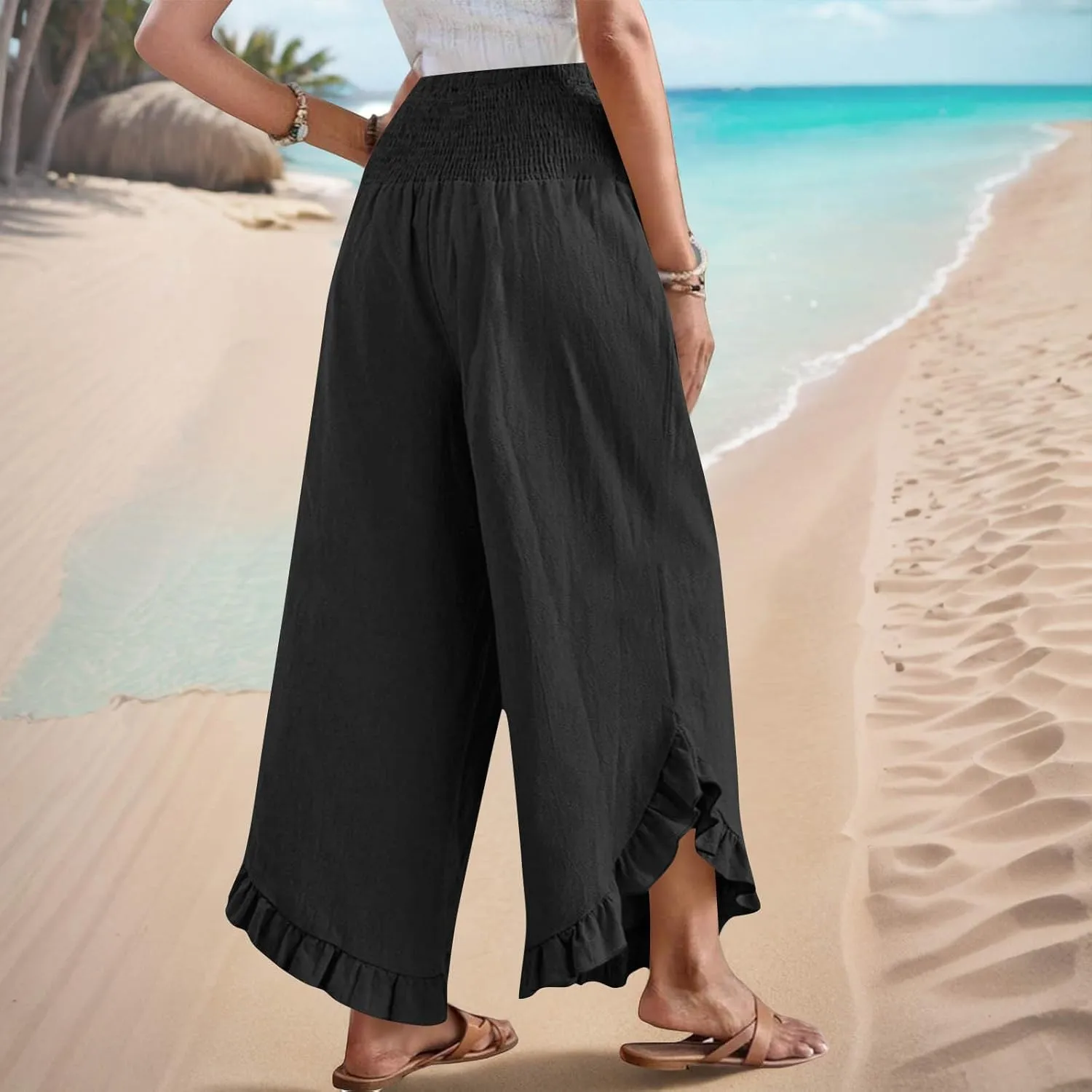 Palazzo Pants for Women Stretch Smocked High Waisted Ruffle Hem Loose Fit Pant Summer Casual Linen Wide Leg Trousers