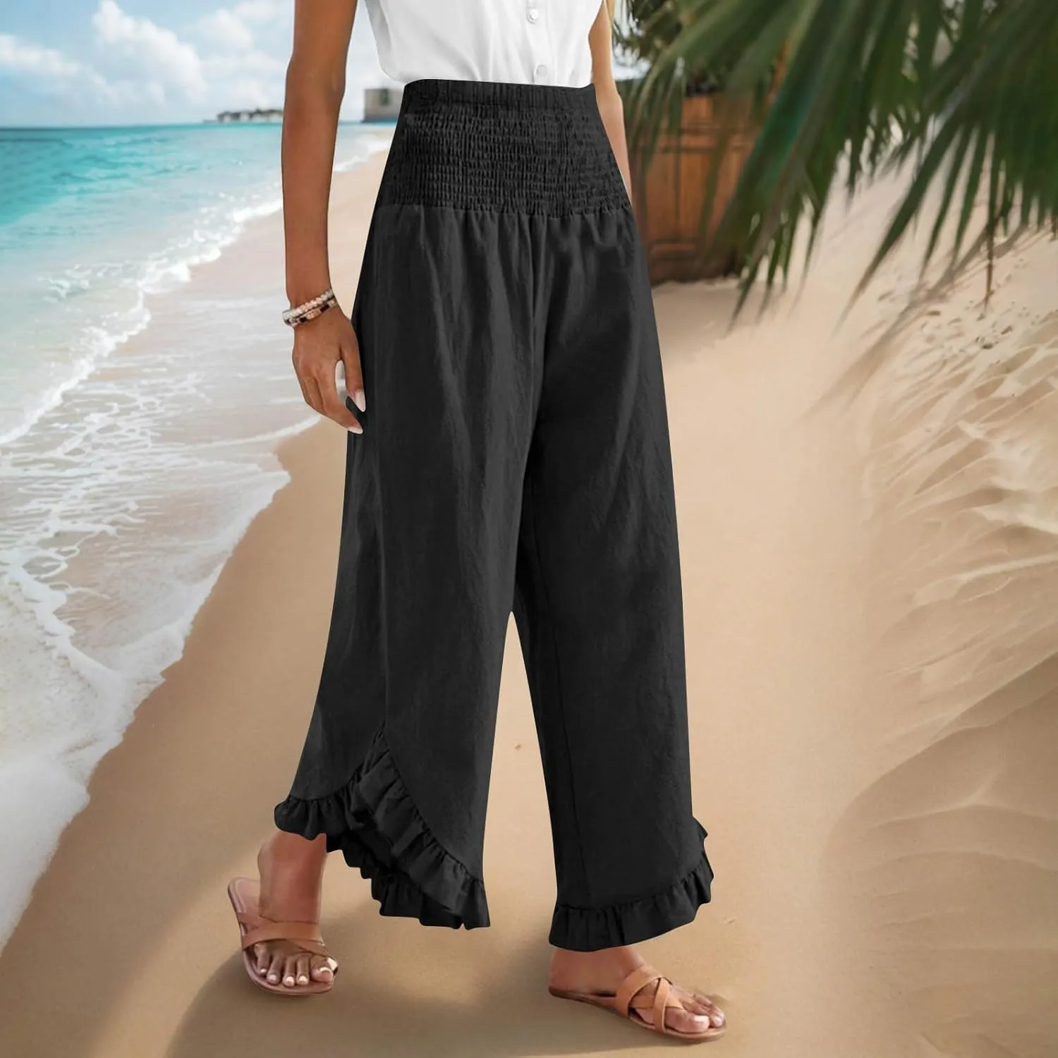 Palazzo Pants for Women Stretch Smocked High Waisted Ruffle Hem Loose Fit Pant Summer Casual Linen Wide Leg Trousers