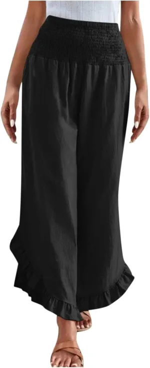 Palazzo Pants for Women Stretch Smocked High Waisted Ruffle Hem Loose Fit Pant Summer Casual Linen Wide Leg Trousers