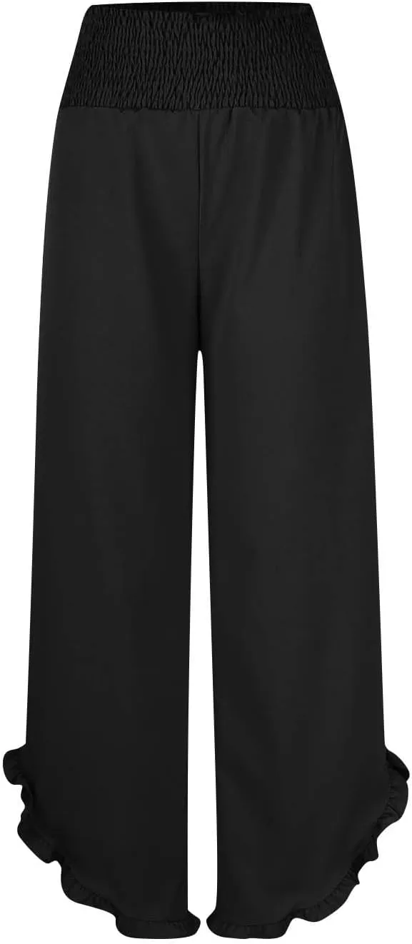 Palazzo Pants for Women Stretch Smocked High Waisted Ruffle Hem Loose Fit Pant Summer Casual Linen Wide Leg Trousers