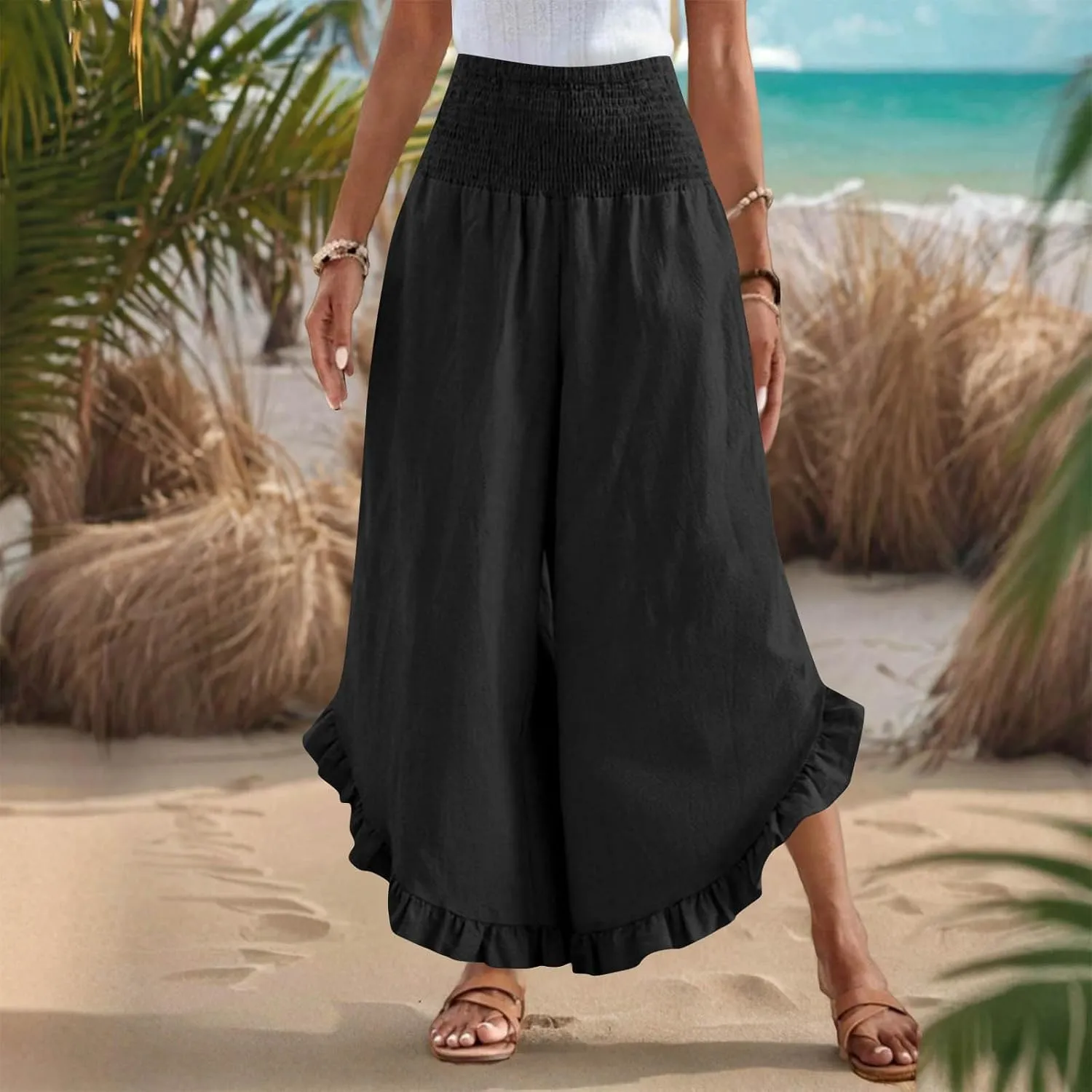 Palazzo Pants for Women Stretch Smocked High Waisted Ruffle Hem Loose Fit Pant Summer Casual Linen Wide Leg Trousers