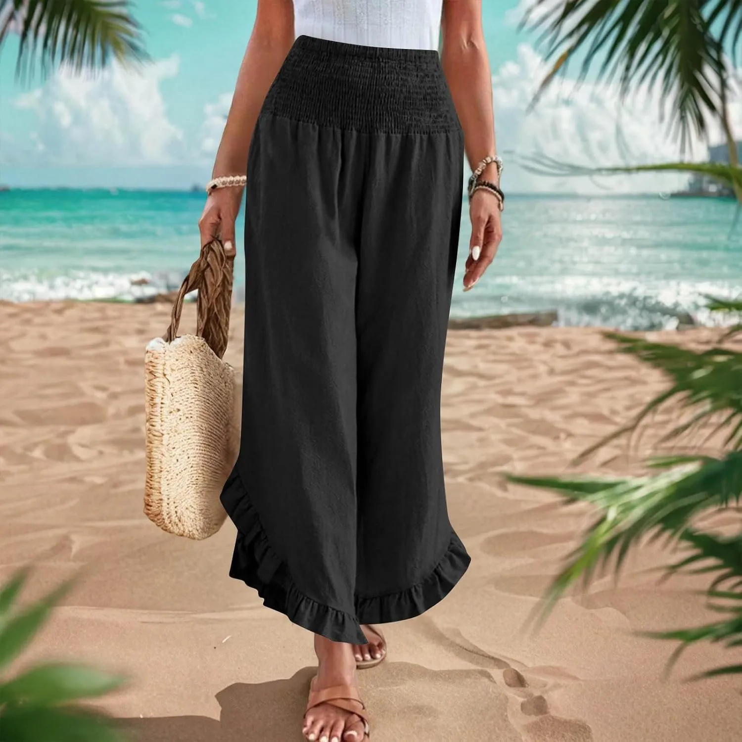 Palazzo Pants for Women Stretch Smocked High Waisted Ruffle Hem Loose Fit Pant Summer Casual Linen Wide Leg Trousers