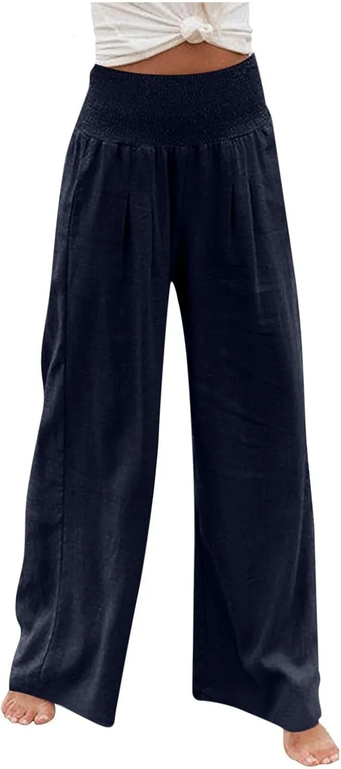 Palazzo Pants for Women Summer High Waist Wide Leg Beach Pant Trendy Casual Loose Lounge Flowy Trousers with Pockets