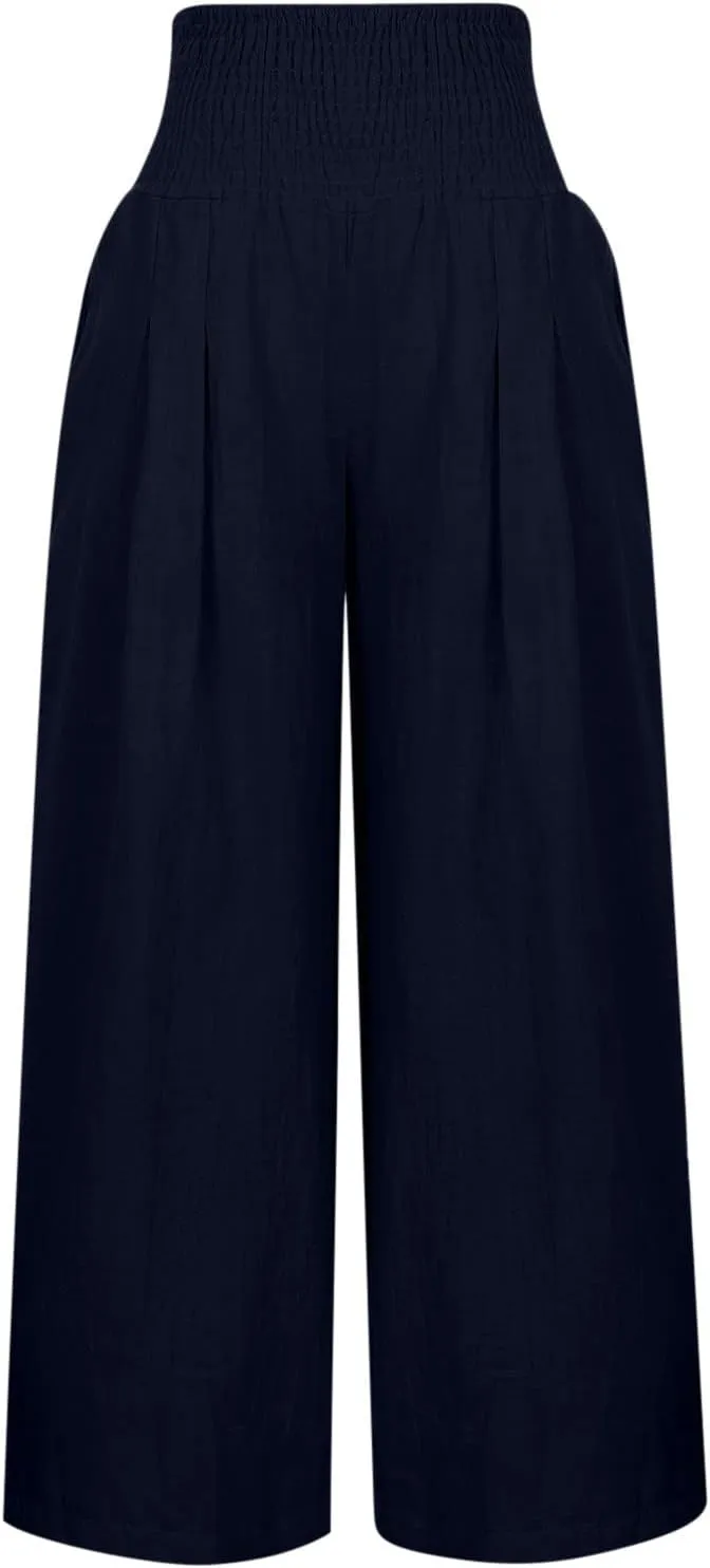 Palazzo Pants for Women Summer High Waist Wide Leg Beach Pant Trendy Casual Loose Lounge Flowy Trousers with Pockets