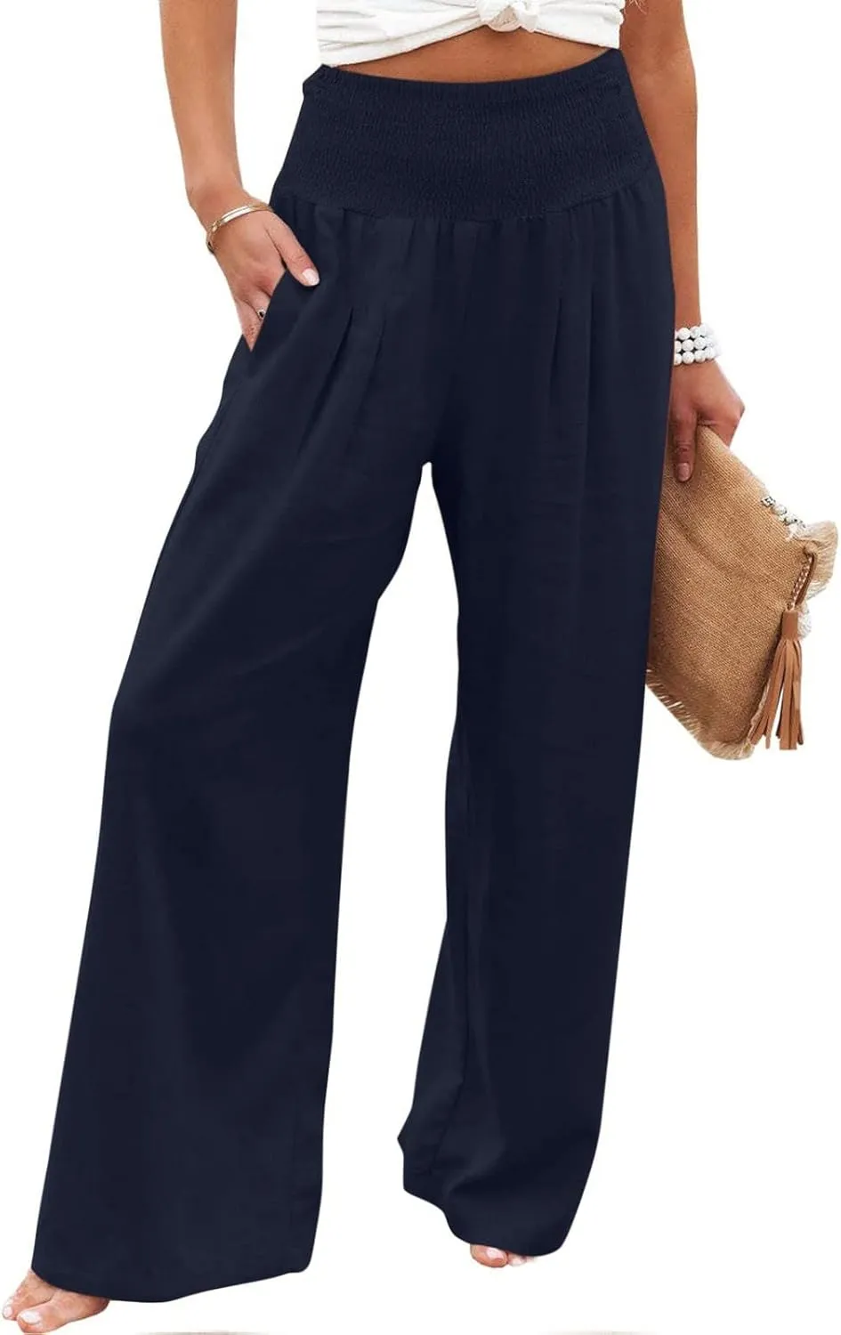 Palazzo Pants for Women Summer High Waist Wide Leg Beach Pant Trendy Casual Loose Lounge Flowy Trousers with Pockets