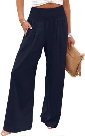 Palazzo Pants for Women Summer High Waist Wide Leg Beach Pant Trendy Casual Loose Lounge Flowy Trousers with Pockets