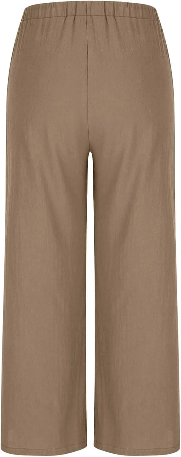 Palazzo Pants Womens High Waisted Straight Wide Leg Linen Trousers Lightweight Drawstring Elastic Flowy Summer Outfits