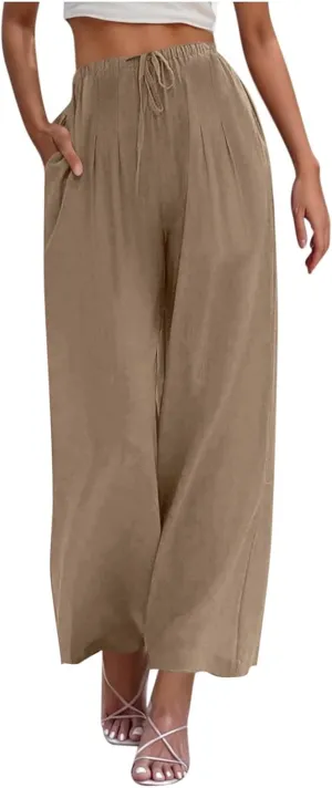Palazzo Pants Womens High Waisted Straight Wide Leg Linen Trousers Lightweight Drawstring Elastic Flowy Summer Outfits