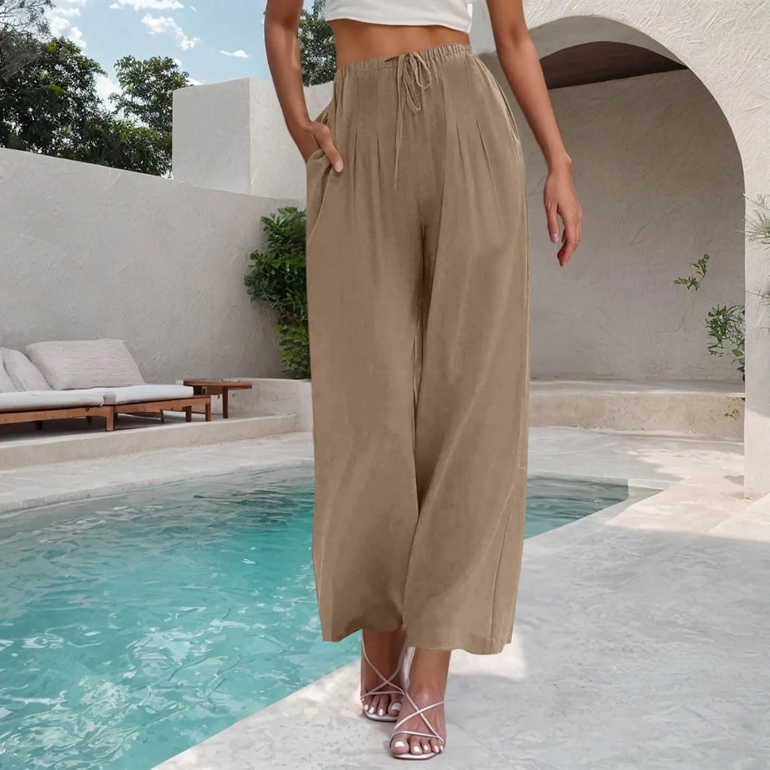 Palazzo Pants Womens High Waisted Straight Wide Leg Linen Trousers Lightweight Drawstring Elastic Flowy Summer Outfits