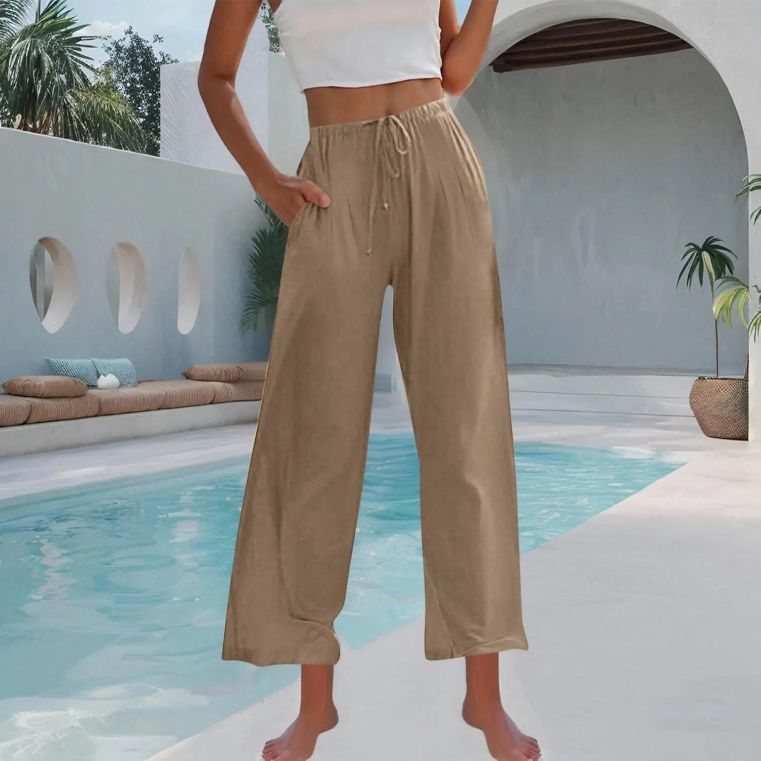 Palazzo Pants Womens High Waisted Straight Wide Leg Linen Trousers Lightweight Drawstring Elastic Flowy Summer Outfits