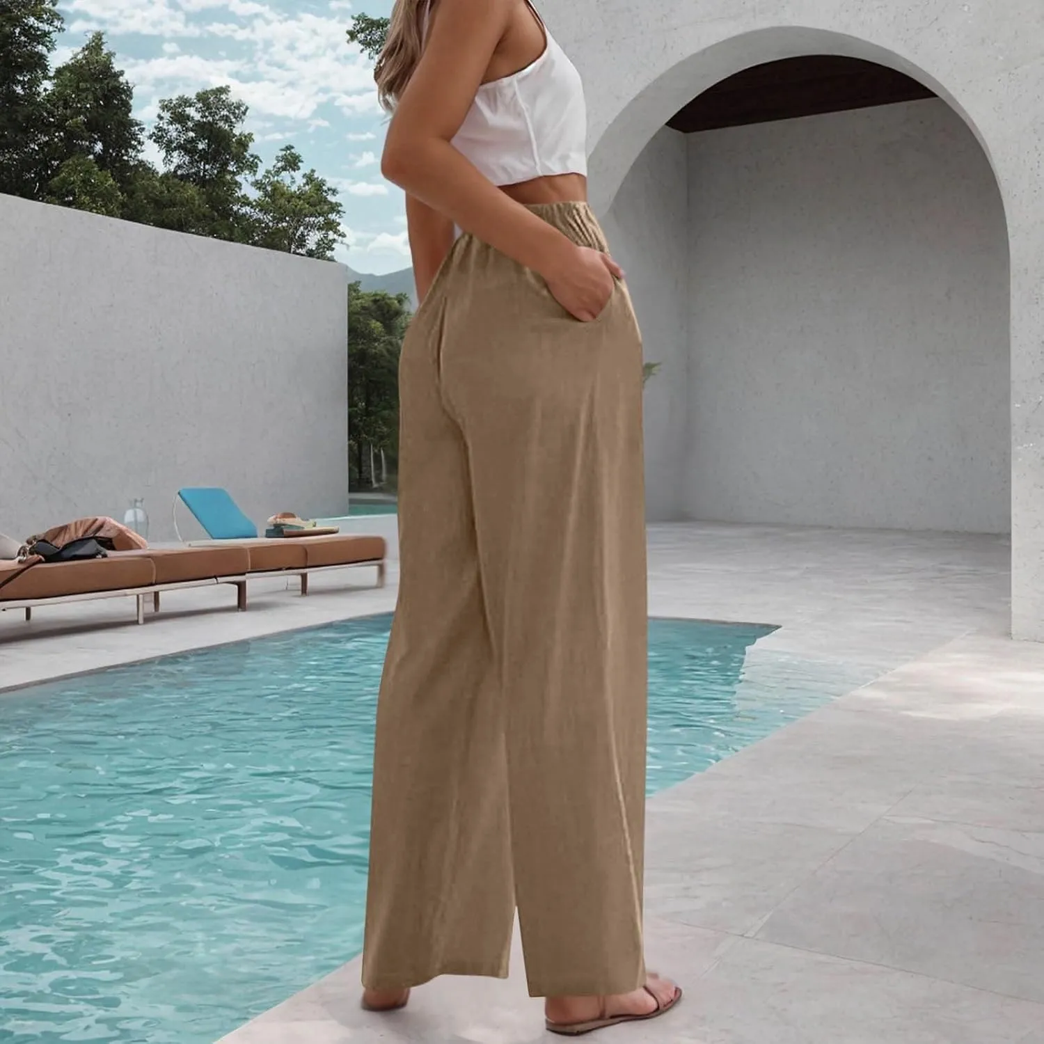 Palazzo Pants Womens High Waisted Straight Wide Leg Linen Trousers Lightweight Drawstring Elastic Flowy Summer Outfits
