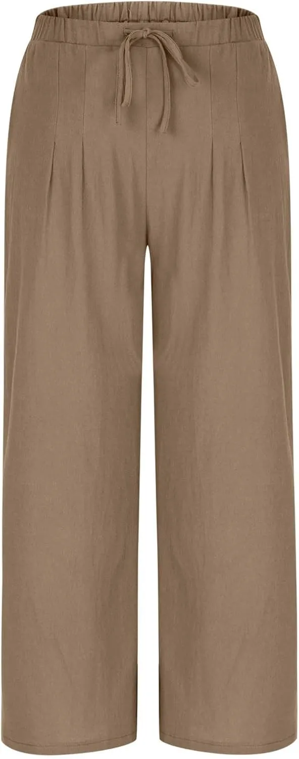 Palazzo Pants Womens High Waisted Straight Wide Leg Linen Trousers Lightweight Drawstring Elastic Flowy Summer Outfits