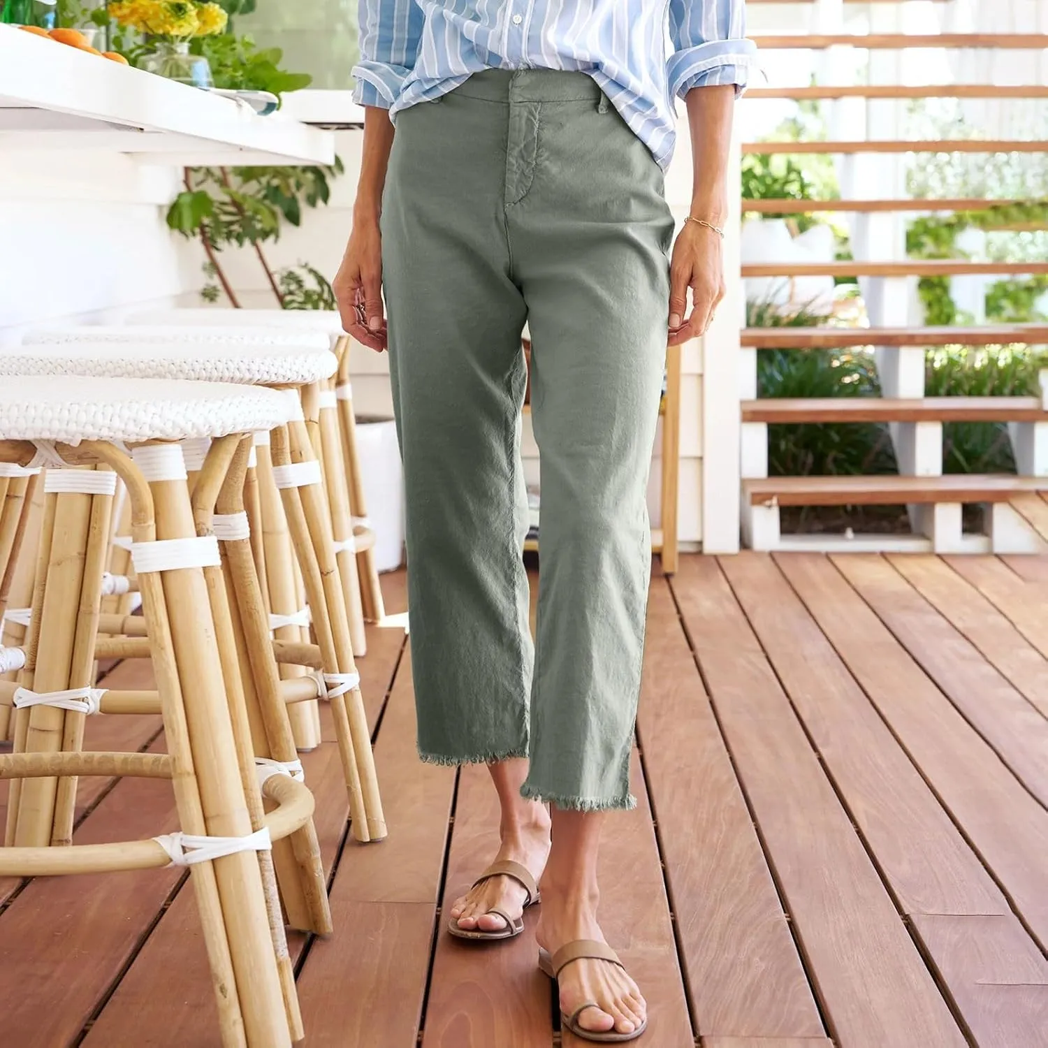 Pants for Women, Casual Pants Peasant Plus Size Straight Leg Linen Plaid