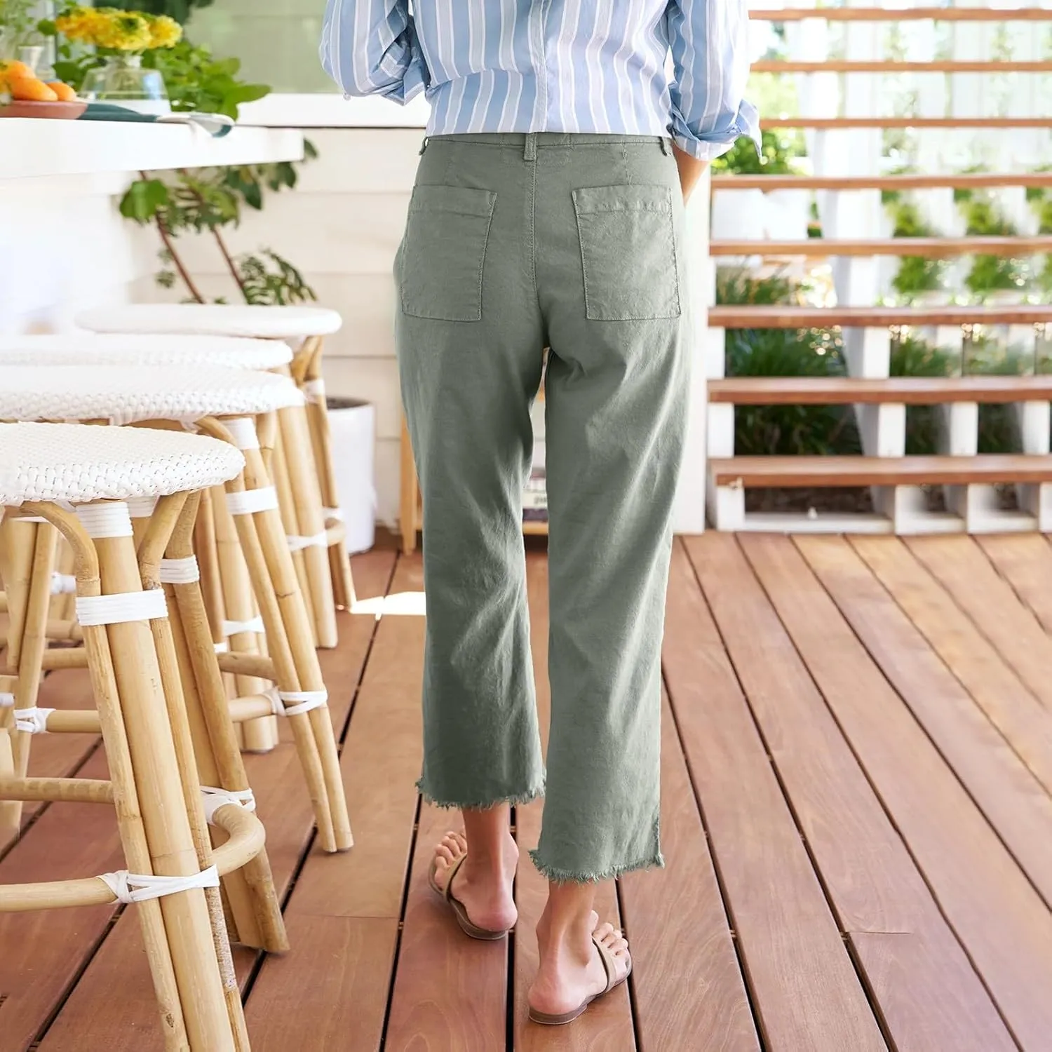 Pants for Women, Casual Pants Peasant Plus Size Straight Leg Linen Plaid