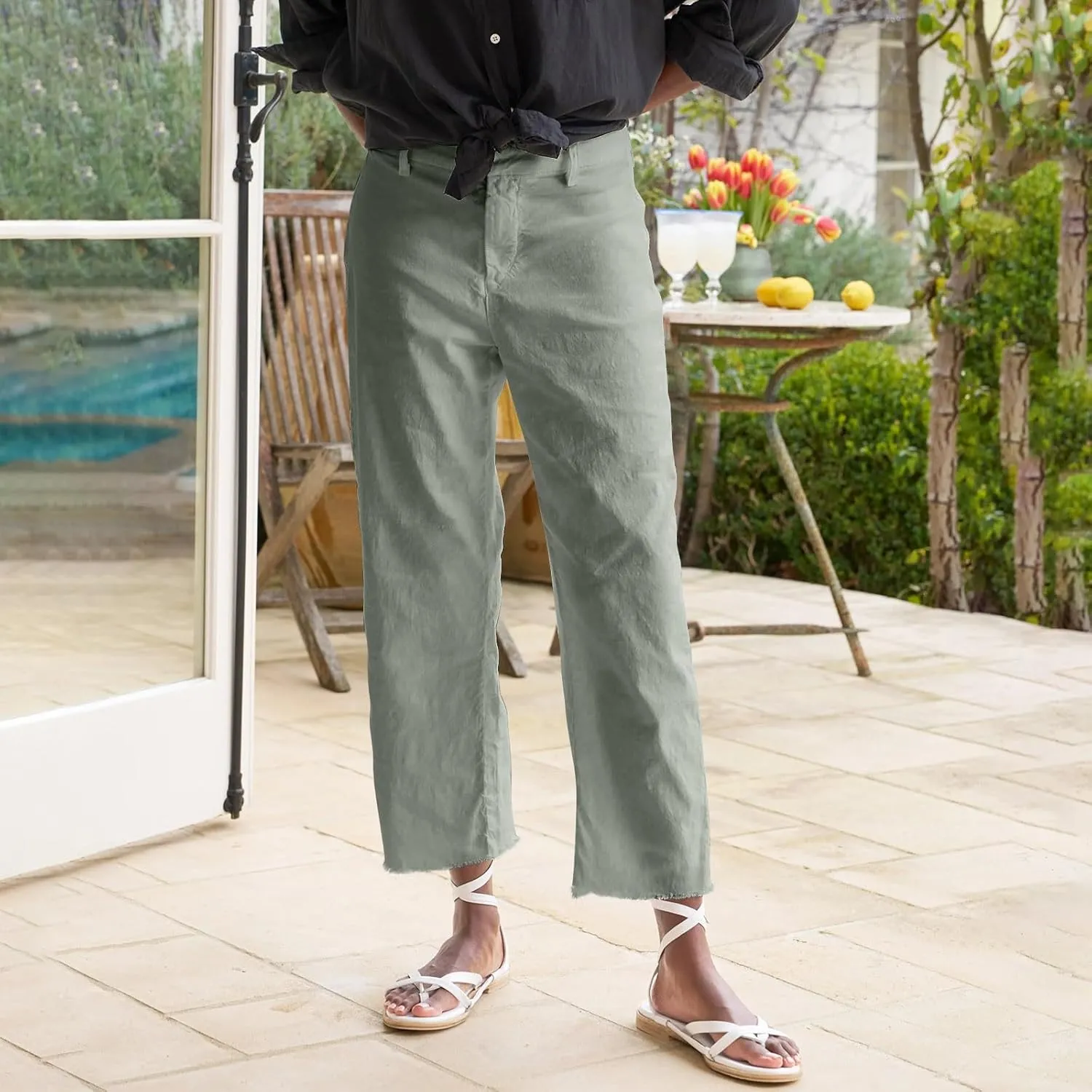 Pants for Women, Casual Pants Peasant Plus Size Straight Leg Linen Plaid