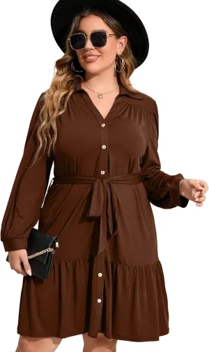 Plus Size Dress Women's V Neck Wrap A-Line Dress Plus Size Knee Length Midi Swing Dress for Curvy Women
