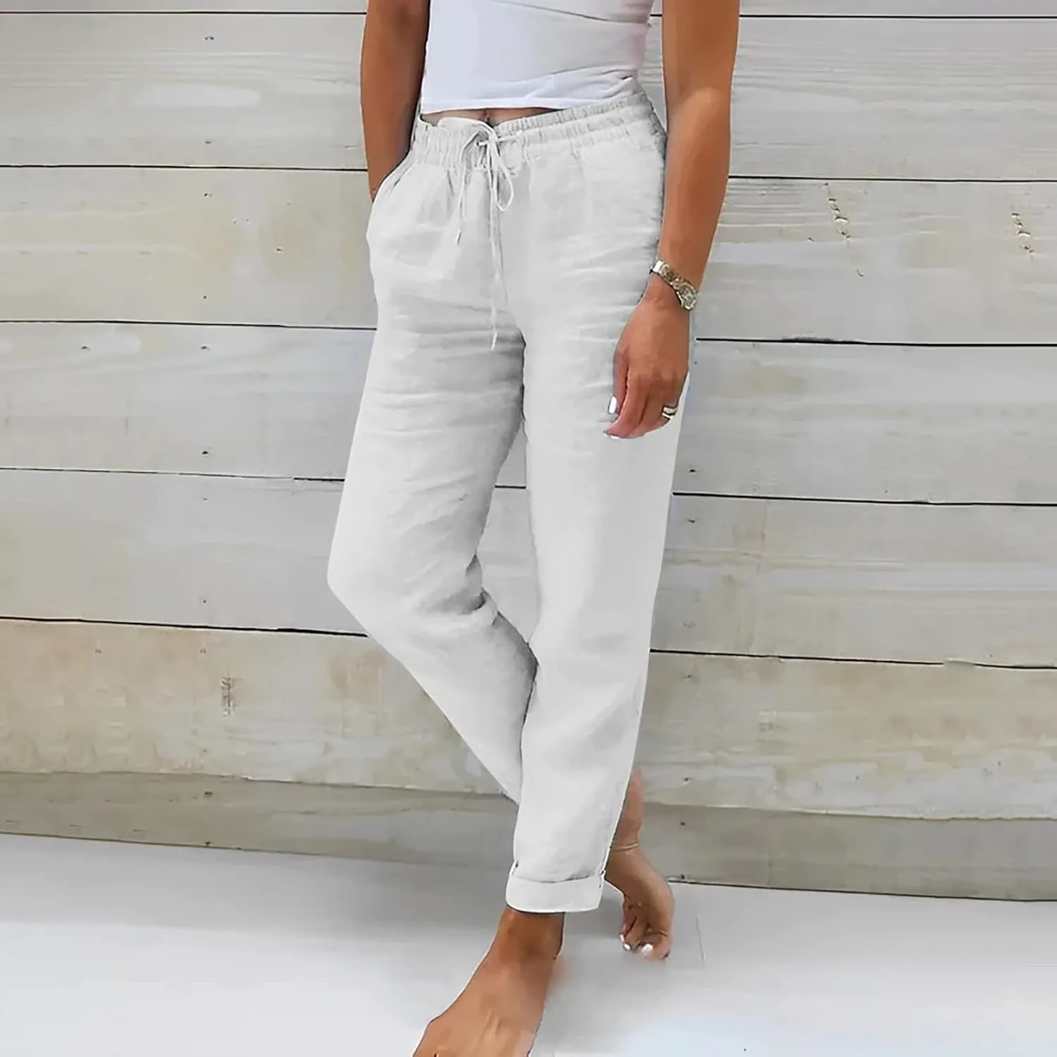 Plus Size Linen Pants for Women Drawstring Straight Lightweight Trousers with Pockets Solid Casual Loose Lounge Pants