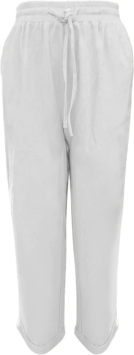 Plus Size Linen Pants for Women Drawstring Straight Lightweight Trousers with Pockets Solid Casual Loose Lounge Pants
