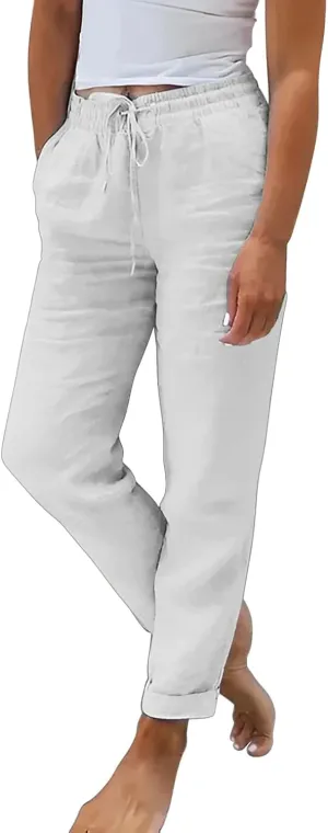 Plus Size Linen Pants for Women Drawstring Straight Lightweight Trousers with Pockets Solid Casual Loose Lounge Pants