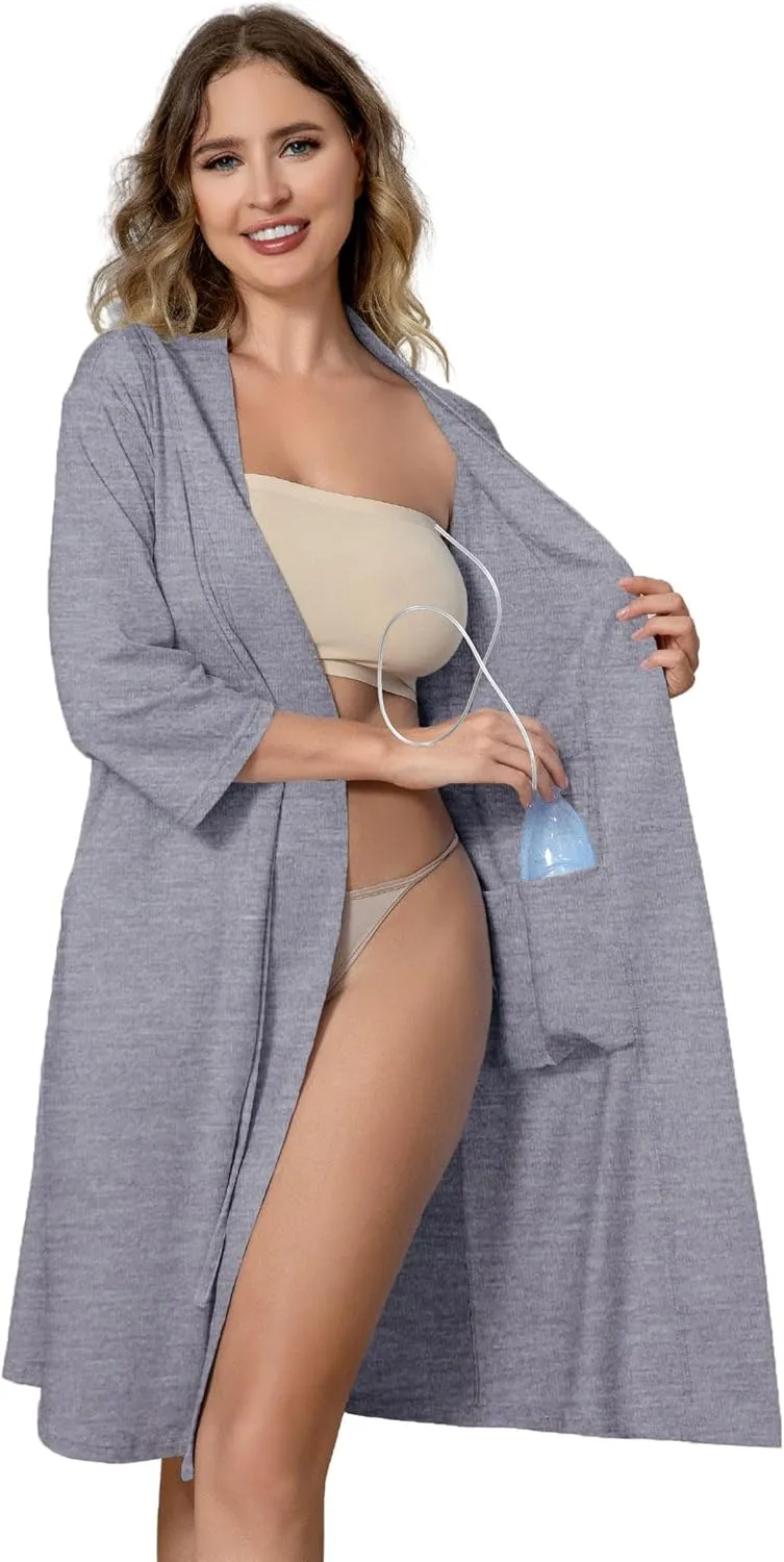 Post Surgery Mastectomy Robe Women with 4 Internal Drain Pockets 3/4 Sleeves Night Gowns Pajama Dress Shirts