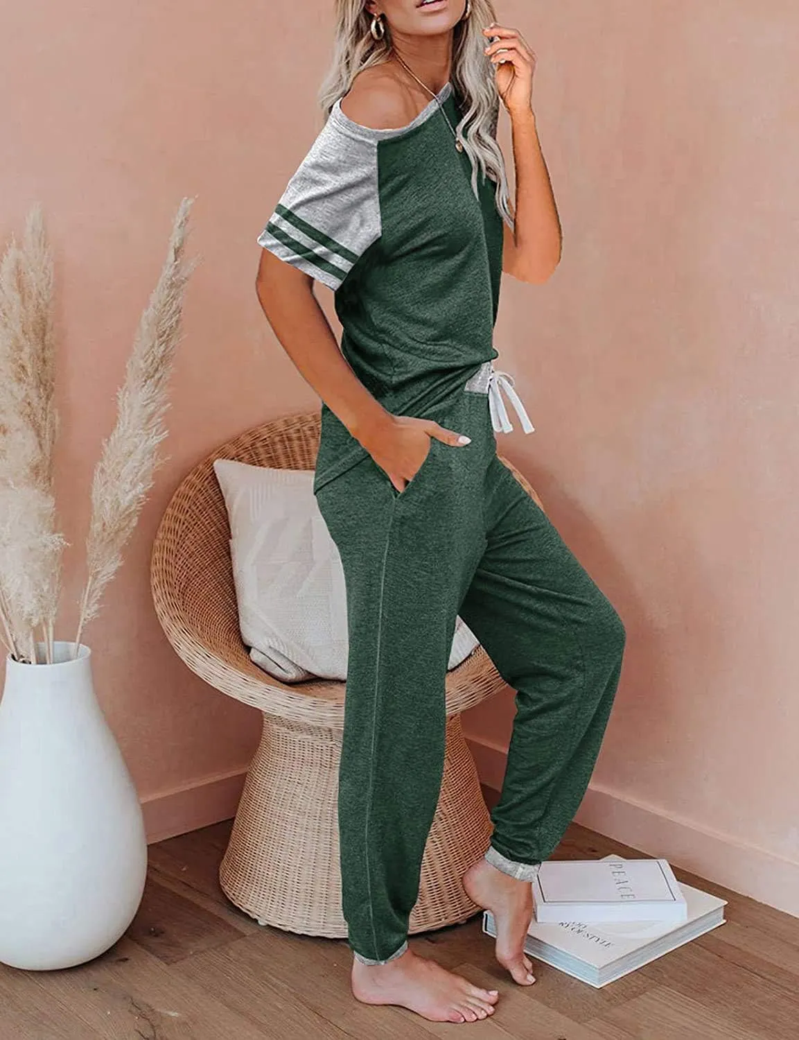 PRETTYGARDEN Women Summer Two Piece Outfits Striped Short Sleeve Pullover and Long Pants Tracksuit Travel Pajama Lounge Set