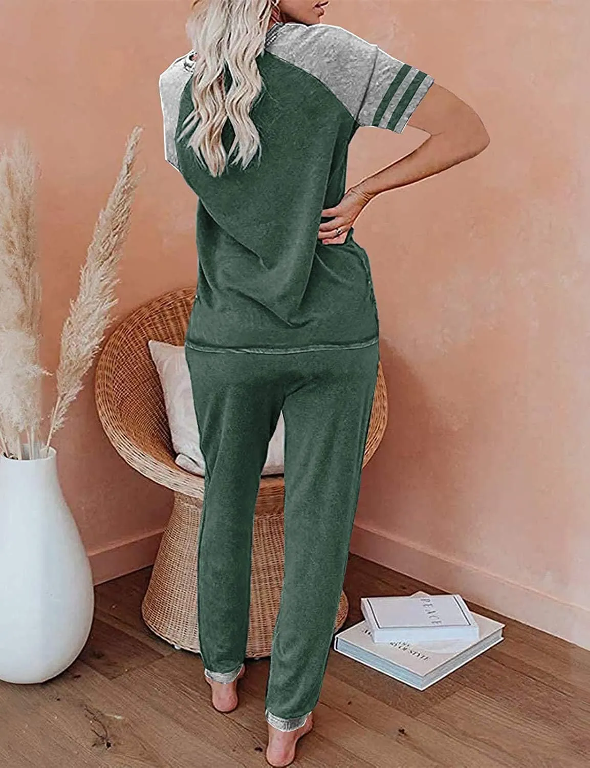 PRETTYGARDEN Women Summer Two Piece Outfits Striped Short Sleeve Pullover and Long Pants Tracksuit Travel Pajama Lounge Set