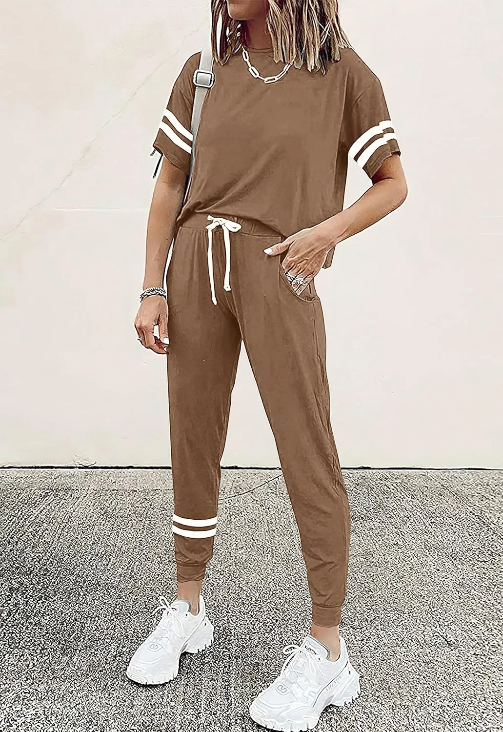 PRETTYGARDEN Women Summer Two Piece Outfits Striped Short Sleeve Pullover and Long Pants Tracksuit Travel Pajama Lounge Set