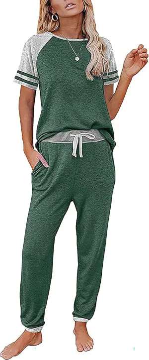 PRETTYGARDEN Women Summer Two Piece Outfits Striped Short Sleeve Pullover and Long Pants Tracksuit Travel Pajama Lounge Set