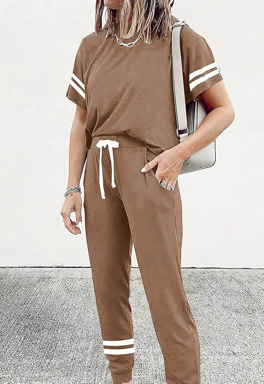 PRETTYGARDEN Women Summer Two Piece Outfits Striped Short Sleeve Pullover and Long Pants Tracksuit Travel Pajama Lounge Set