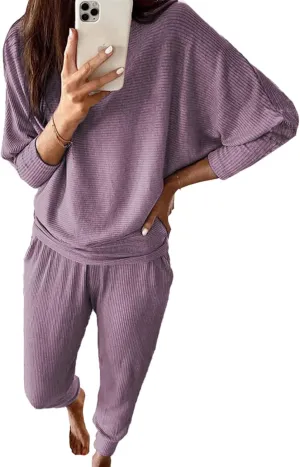 PRETTYGARDEN Women's Fall 2 Piece Outfits Fashion Sweatsuit Long Sleeve Pullover Pants Ribbed Spring Matching Lounge Set