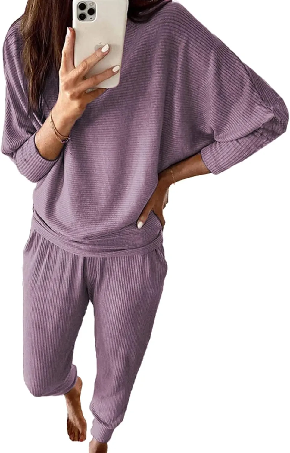 PRETTYGARDEN Women's Fall 2 Piece Outfits Fashion Sweatsuit Long Sleeve Pullover Pants Ribbed Spring Matching Lounge Set