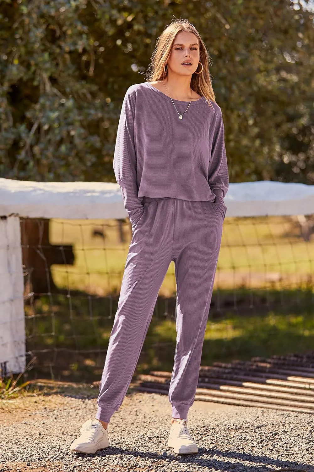 PRETTYGARDEN Women's Fall 2 Piece Outfits Fashion Sweatsuit Long Sleeve Pullover Pants Ribbed Spring Matching Lounge Set