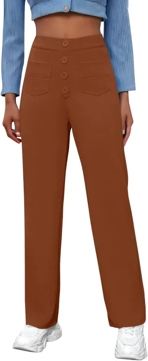 Pull On Dress Pants for Women Slim Fit High Waist Tall Work Pants Straight Leg Business Casual Trousers with Pockets