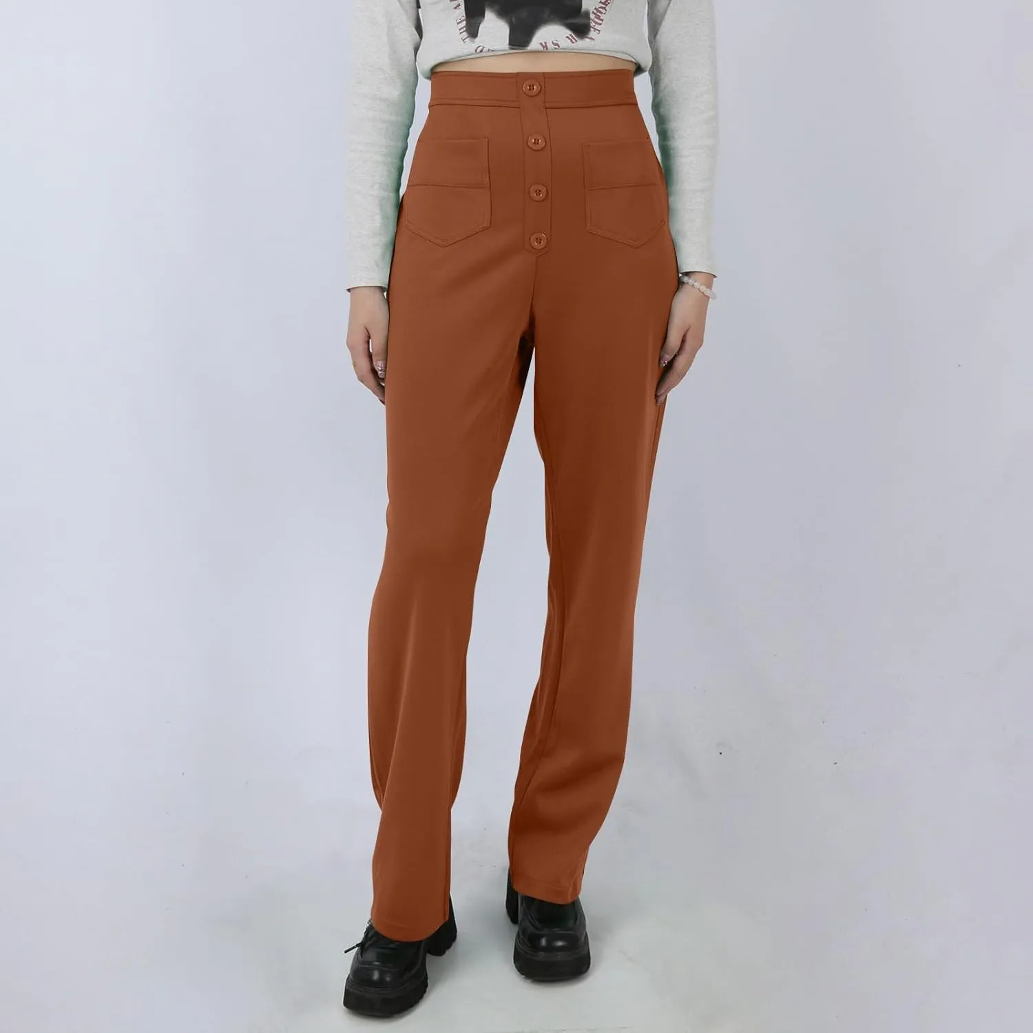 Pull On Dress Pants for Women Slim Fit High Waist Tall Work Pants Straight Leg Business Casual Trousers with Pockets