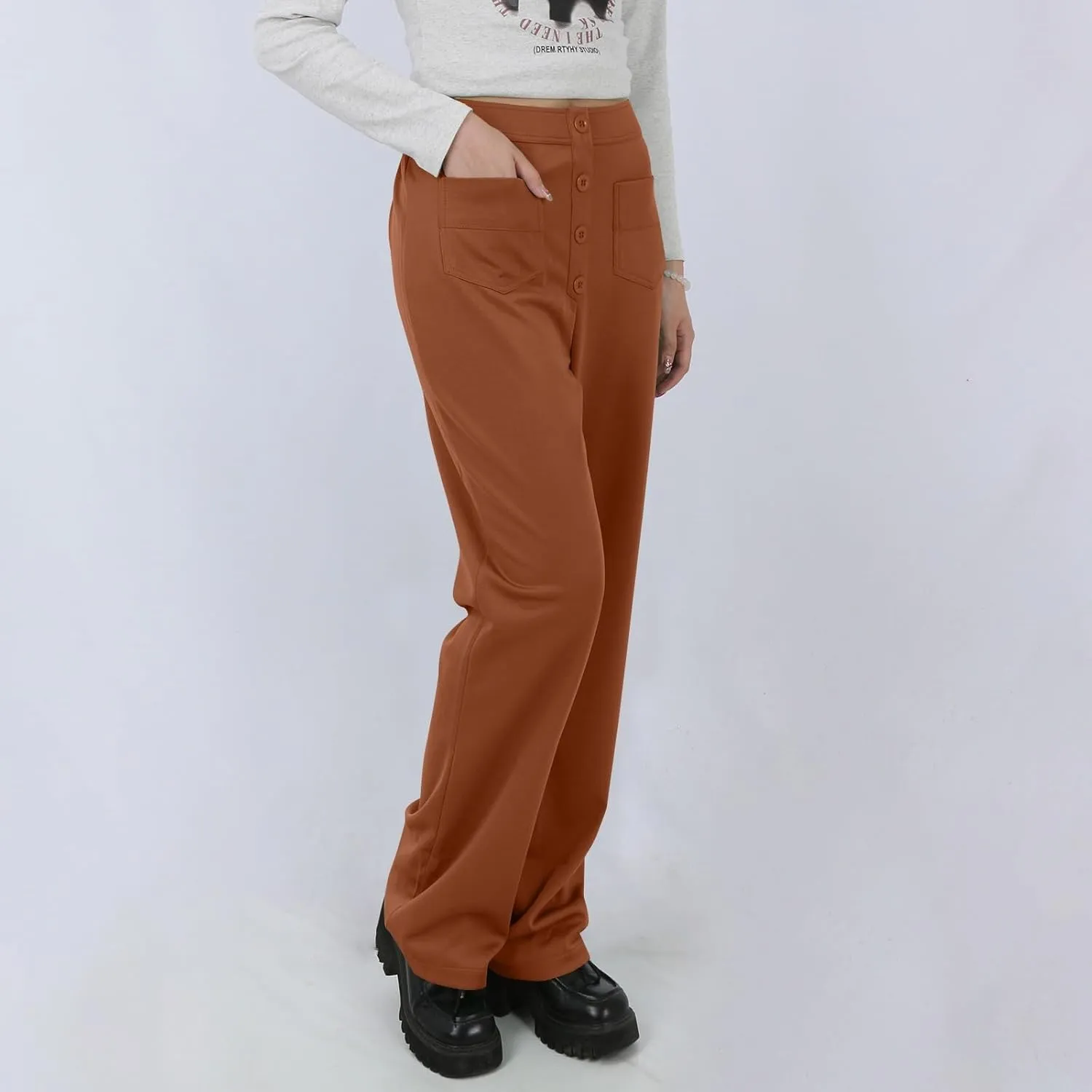 Pull On Dress Pants for Women Slim Fit High Waist Tall Work Pants Straight Leg Business Casual Trousers with Pockets