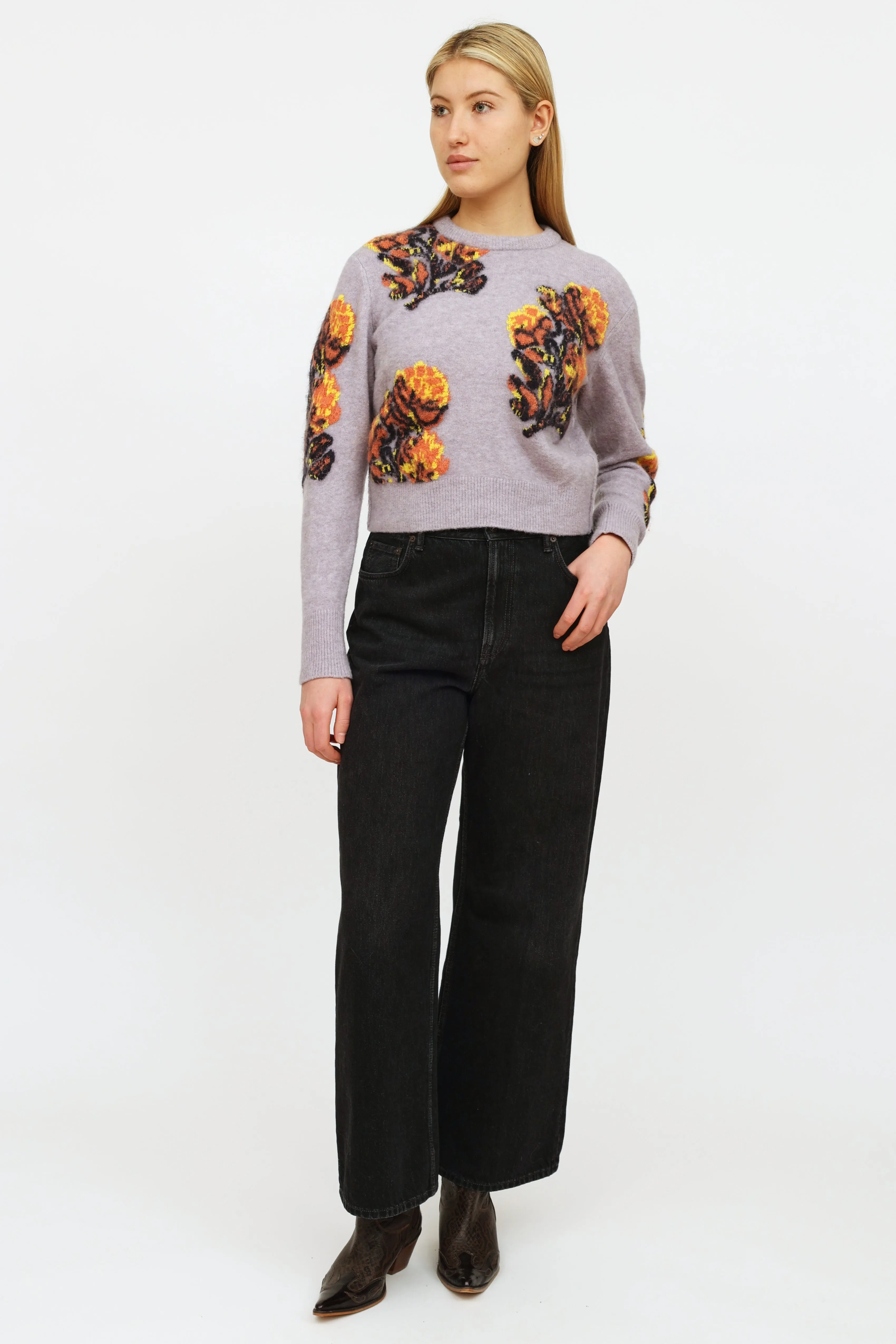 Purple & Multicolour Floral Cropped Sweater