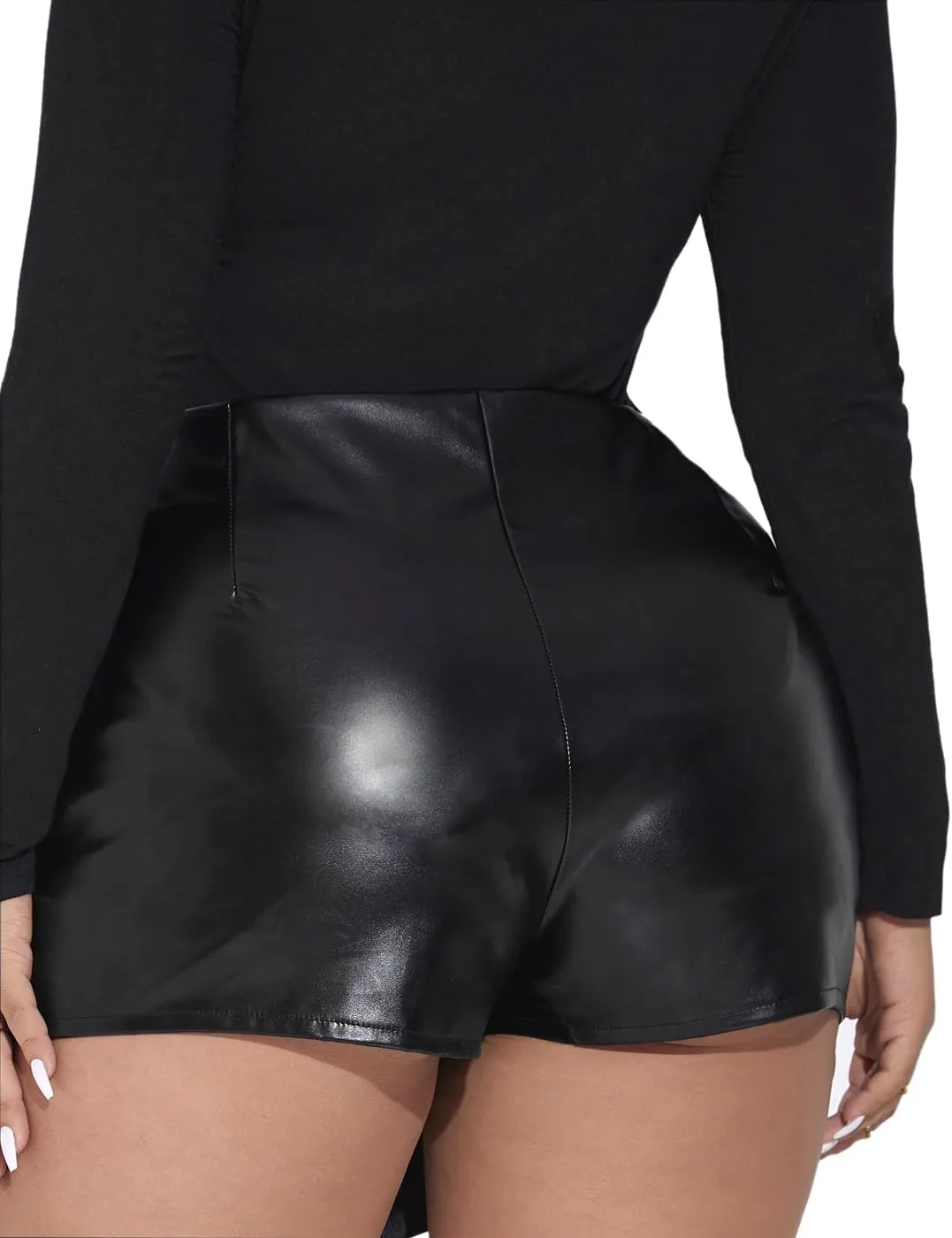 PYL Women's Plus Size PU Faux Leather Skirt Shorts, Wrap Mini Skort Asymmetric Split Bodycon