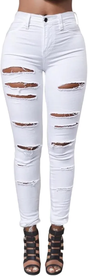 Ripped Skinny Jeans for Women High Waisted Distressed Stretchy Denim Pants Long Trendy Destroyed Hole Pencil Pants