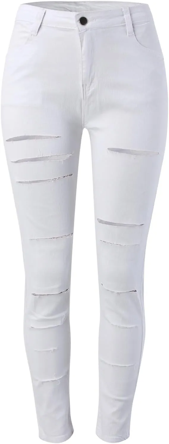 Ripped Skinny Jeans for Women High Waisted Distressed Stretchy Denim Pants Long Trendy Destroyed Hole Pencil Pants