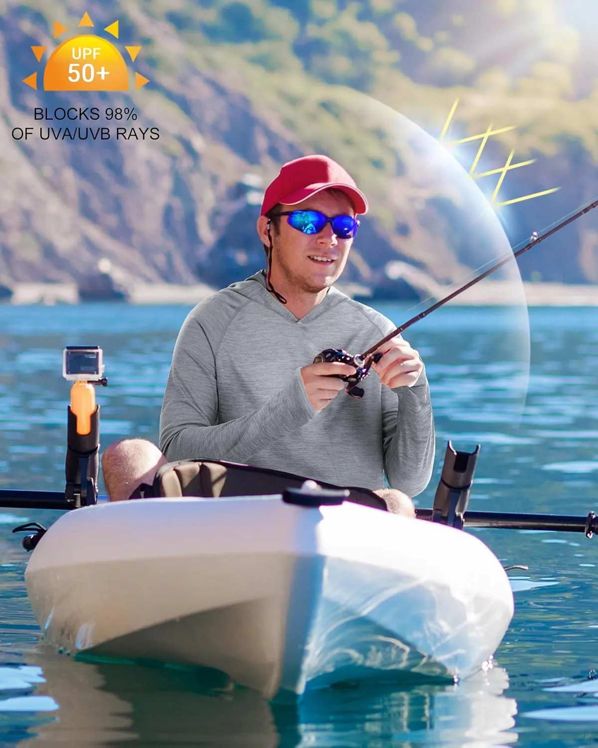 Roadbox UPF 50  Fishing Shirts for Men, Long Sleeve SPF UV Sun Protection Hoodie with Thumb Holes Swim Running Rash Guard