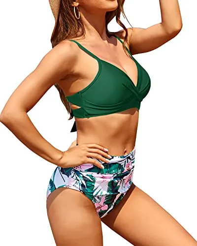 Ruched Two Piece High Waisted Bikini Set Tummy Control Bathing Suit-Green Tropical Floral