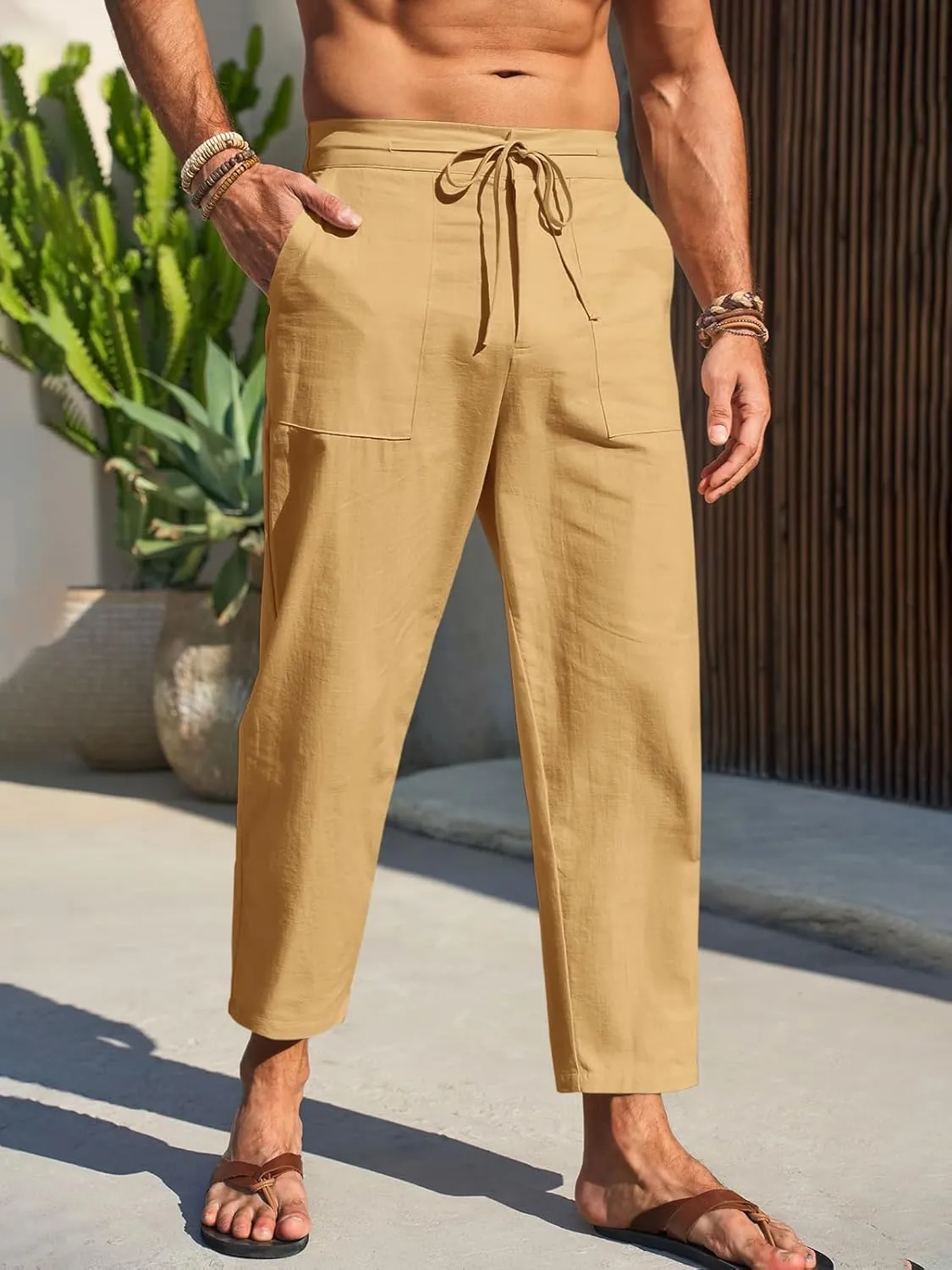 Runcati Mens Cotton Casual Pants Elastic Waist Drawstring Lightweight Cropped Pants Summer Beach Yoga Trousers