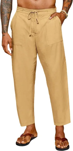 Runcati Mens Cotton Casual Pants Elastic Waist Drawstring Lightweight Cropped Pants Summer Beach Yoga Trousers