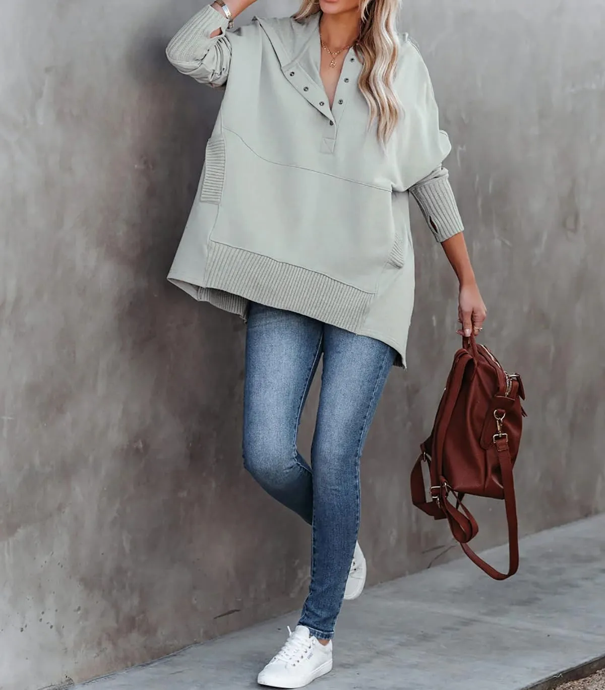 R.Vivimos Womens Oversized Sweatshirts Fall Essential Hoodies Pullover Cotton Long Sleeve Button Up Casual Tops with Pockets